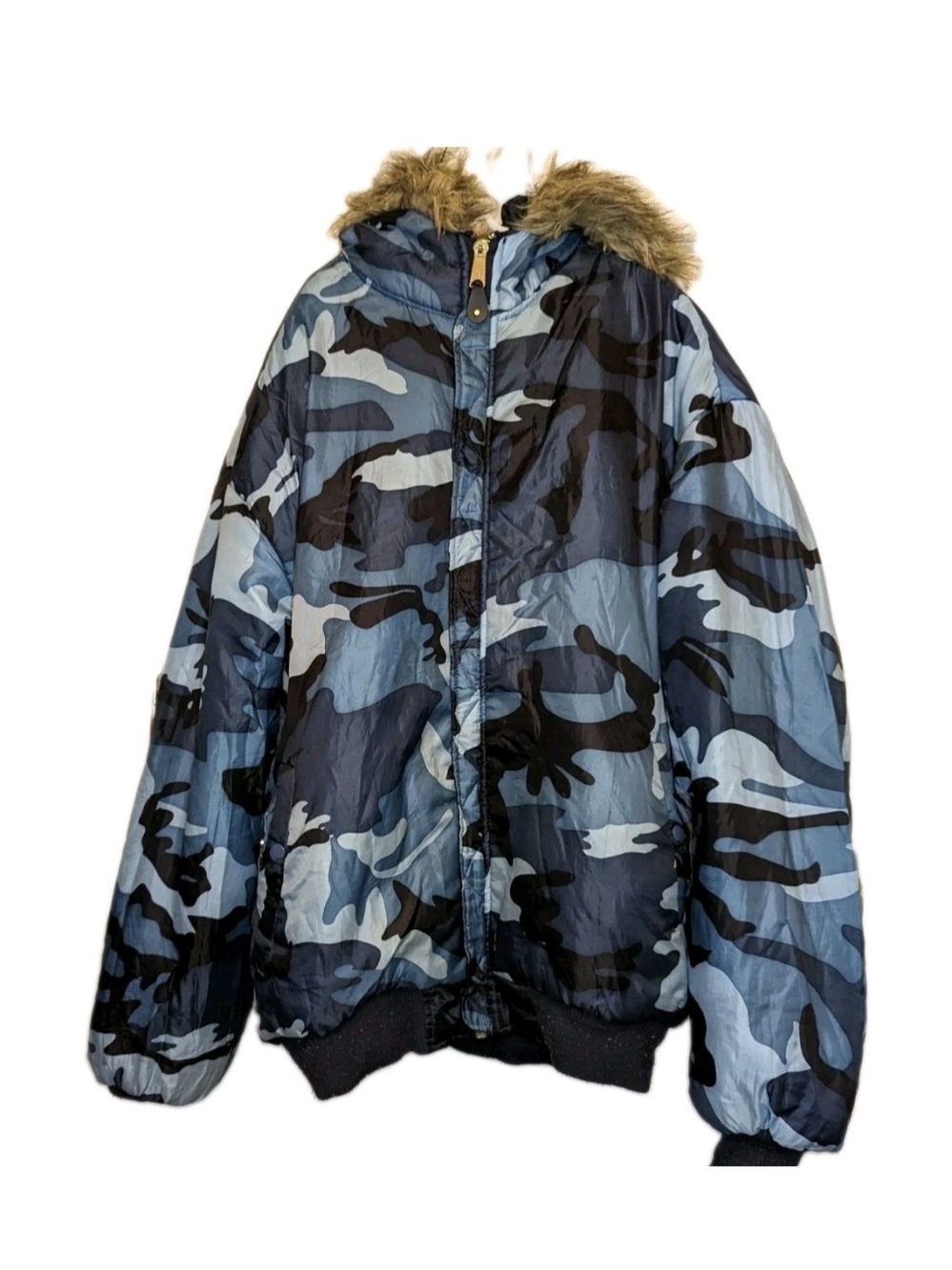 Y2K Detail Sport Blue Camouflage Hooded Puffer Winter Parka Jacket 4XL